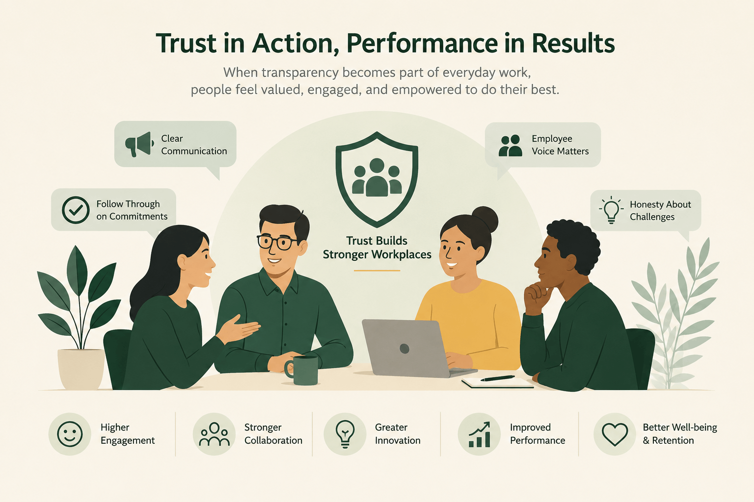 Workplace trust and transparency visual showing clarity, growth, employee engagement, and performance